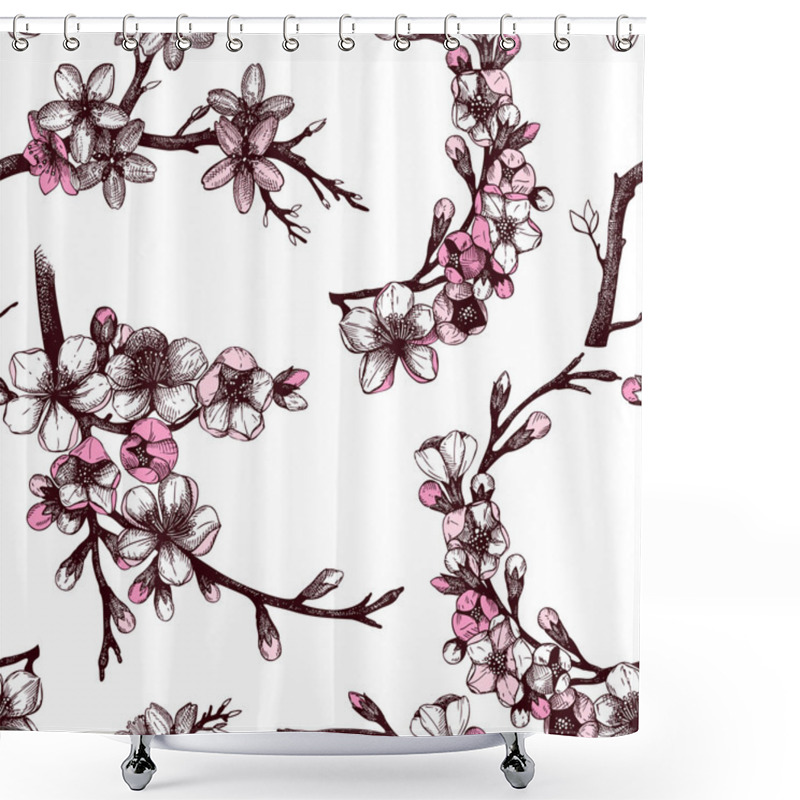 Personality  Seamless Pattern With Hand Drawn Blooming Fruit Tree Twig Shower Curtains