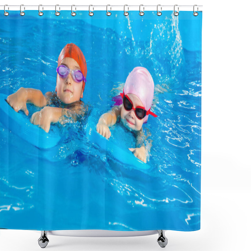 Personality  Two Little Girls Having Fun In Pool Learning How To Swim Using Flutterboards Shower Curtains