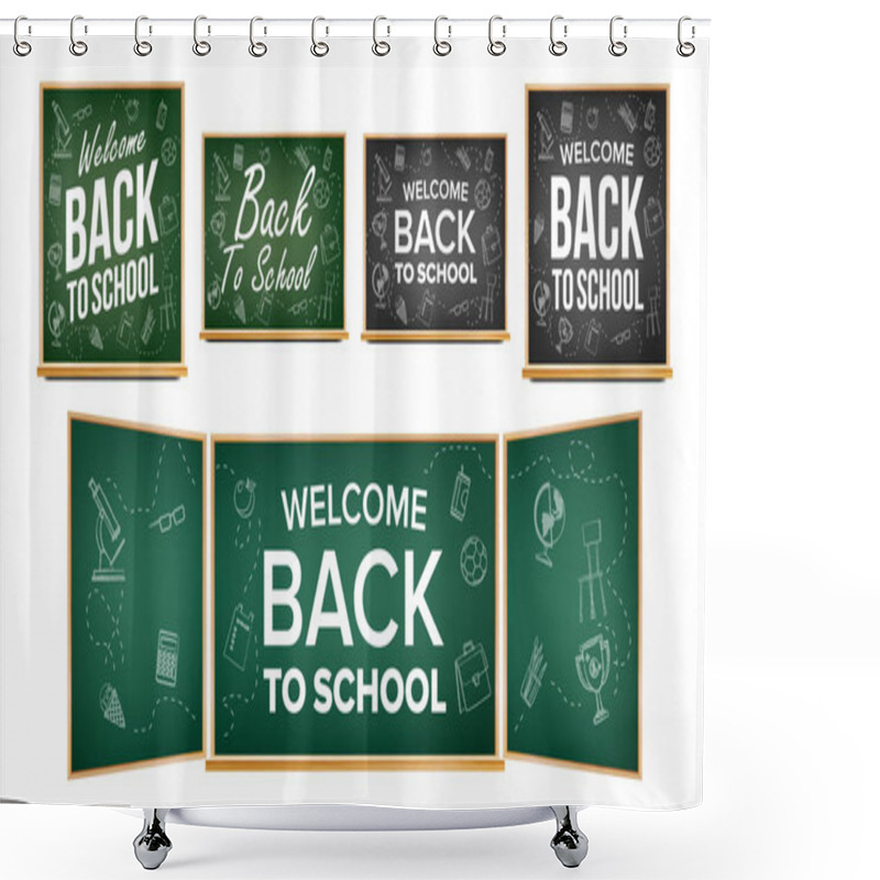 Personality  Back To School Banner Design Vector. Classroom Chalkboard, Blackboard. Doodle Icons. Sale Background. Welcome. 1 September. Education Related. Realistic Illustration Shower Curtains