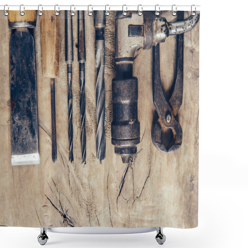 Personality  Old Construction Tools On A Wooden Workbench Flat Lay Background. Carpenter Table. Woodwork Shower Curtains