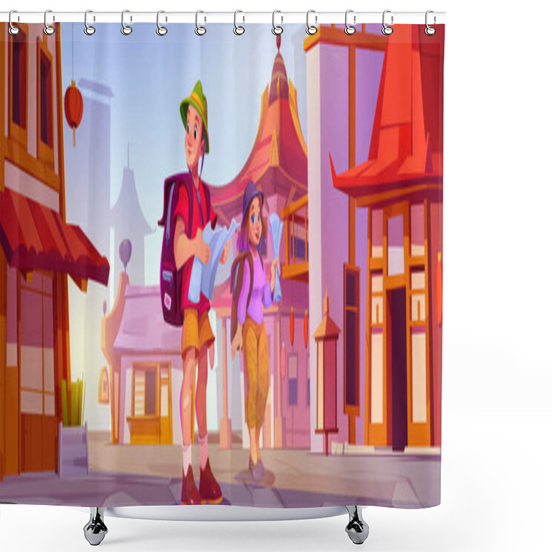 Personality  Tourists With Maps In Chinese City Street. Vector Cartoon Illustration Of Traditional Asian Buildings With Red Lantern Decoration, Happy Man And Woman With Backpacks Go Sightseeing, Vacation Travel Shower Curtains