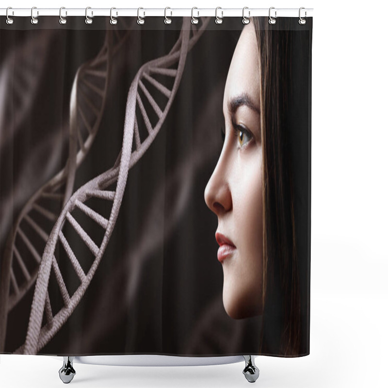 Personality  Portrait Of Sensual Young Woman Among DNA Chains. Shower Curtains