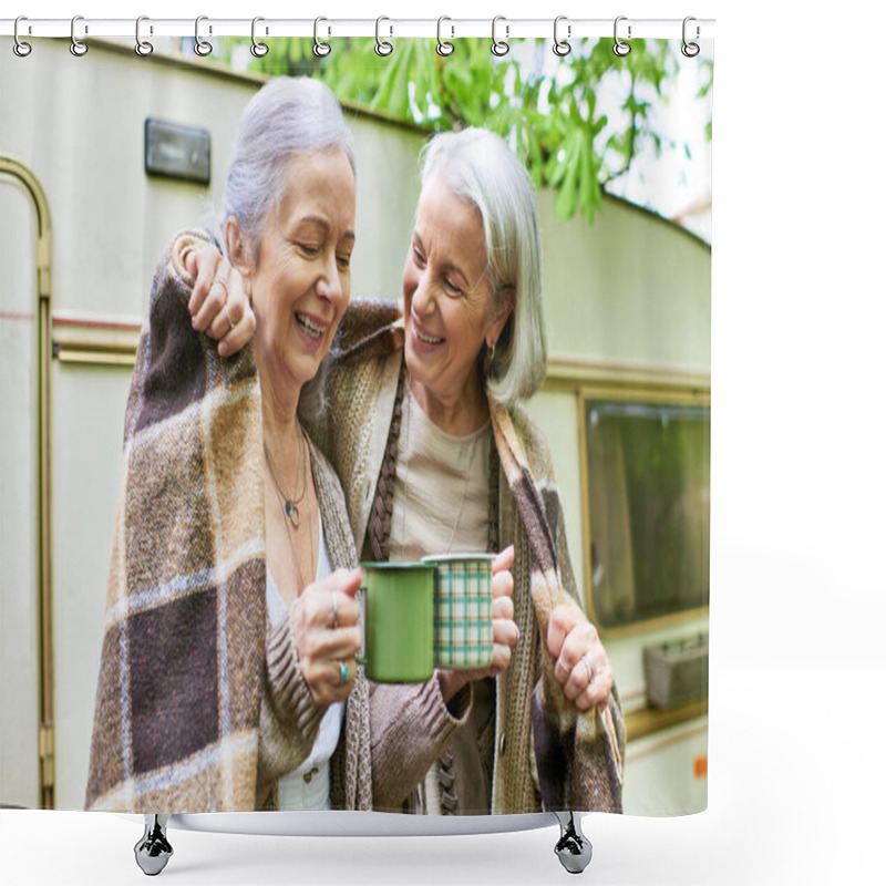 Personality  Two Middle-aged Lesbian Women Enjoy A Cup Of Coffee While Camping In The Forest. Shower Curtains