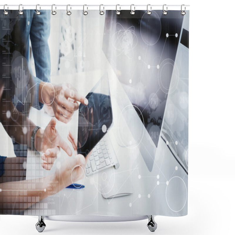 Personality  Coworkers Team Working Office Studio Startup.Businessman Using Modern Tablet,Desktop Monitor Wood Table.Bank Managers Market Researching Process.World Wide HiTech Icons Interface Screen Device Blurred Shower Curtains