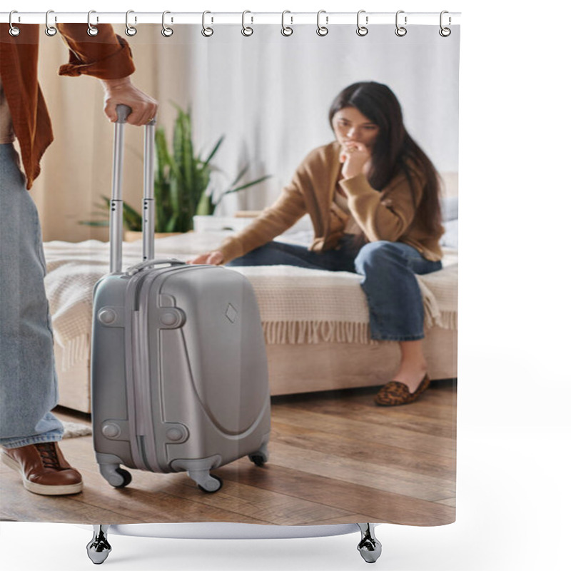 Personality  Frustrated Asian Woman Sitting On Bed While Her Husband With Suitcase Leaving Home, Divorce Shower Curtains