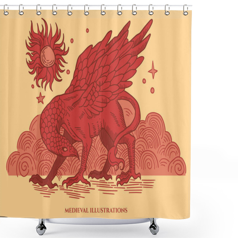 Personality  Fantasy Medieval Style Illustration, Gravure Style, Gryphon Shower Curtains