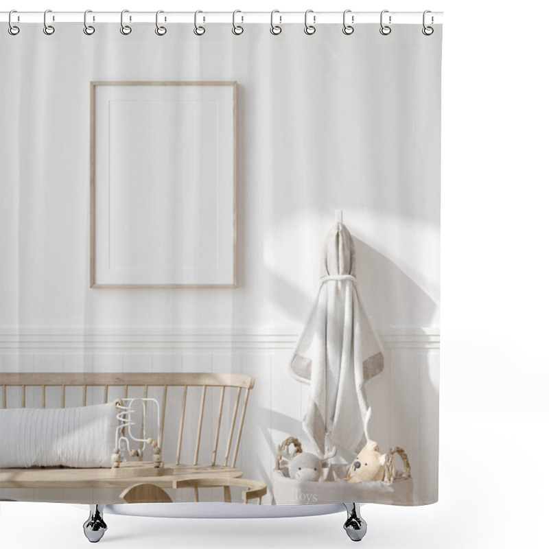 Personality  Mock Up Frame In Children Room With Natural Wooden Furniture, Farmhouse Style Interior Background, 3D Render Shower Curtains