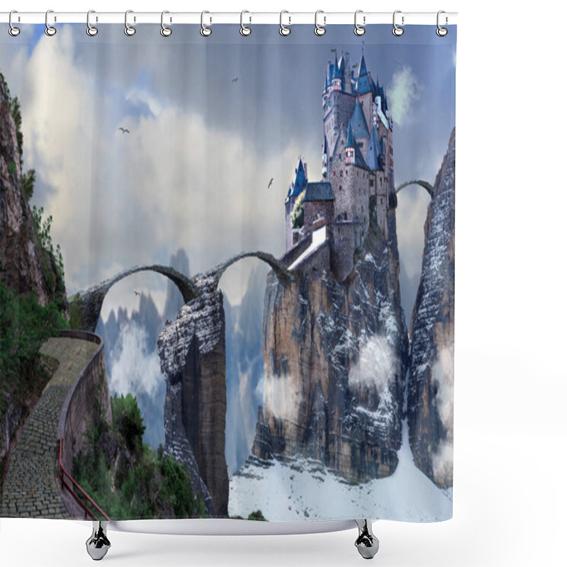 Personality  The Mystical Mountainous Landscape With A Castle On The Rock Shower Curtains