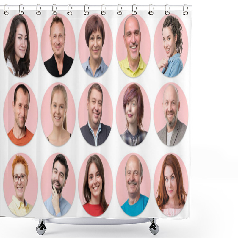 Personality  Collection Of Circle Avatar Of People. Young And Senior Men And Women Faces On Pink Color. Shower Curtains