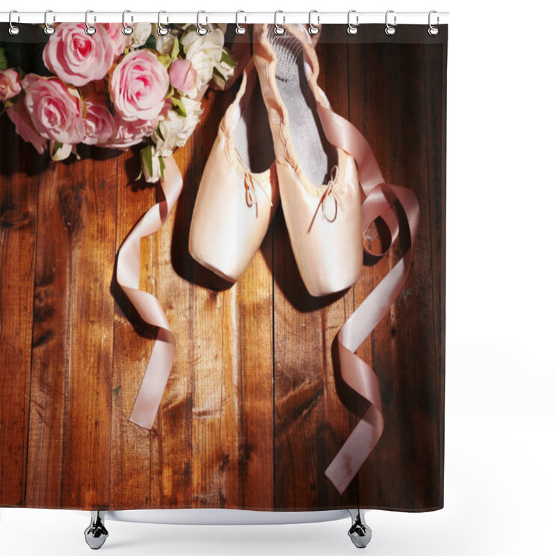 Personality  Ballet Pointe Shoes On Wooden Background Shower Curtains