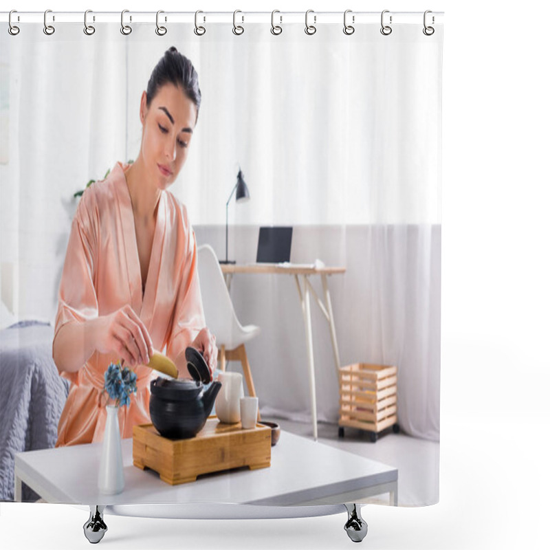 Personality  Attractive Woman In Silk Bathrobe Making Tea While Having Tea Ceremony In Morning At Home Shower Curtains