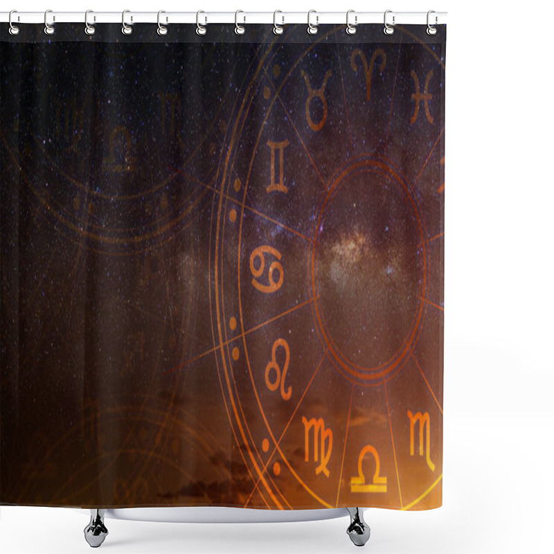 Personality  Astrological Zodiac Signs Inside Of Horoscope Circle. Astrology, Knowledge Of Stars In The Sky Over The Milky Way And Moon. The Power Of The Universe Concept. Shower Curtains