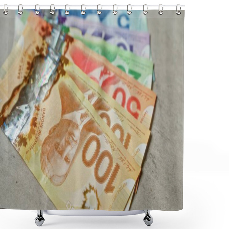 Personality  Canadian Banknotes In Various Denominations Placed On A Concrete Surface, Showcasing Vibrant Colors And Detailed Designs. Shower Curtains