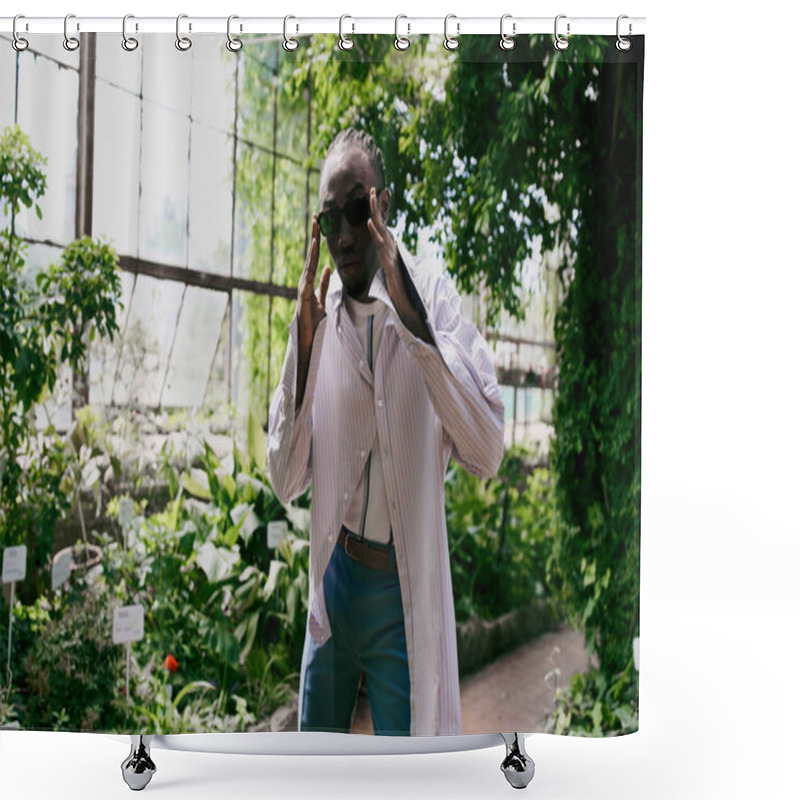 Personality  Handsome African American Man In Dapper Style Standing In Greenhouse. Shower Curtains