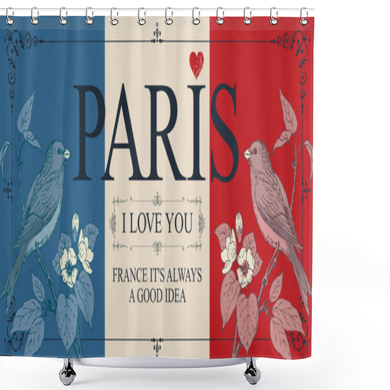 Personality  Retro Postcard With Birds And Words I Love Paris Shower Curtains