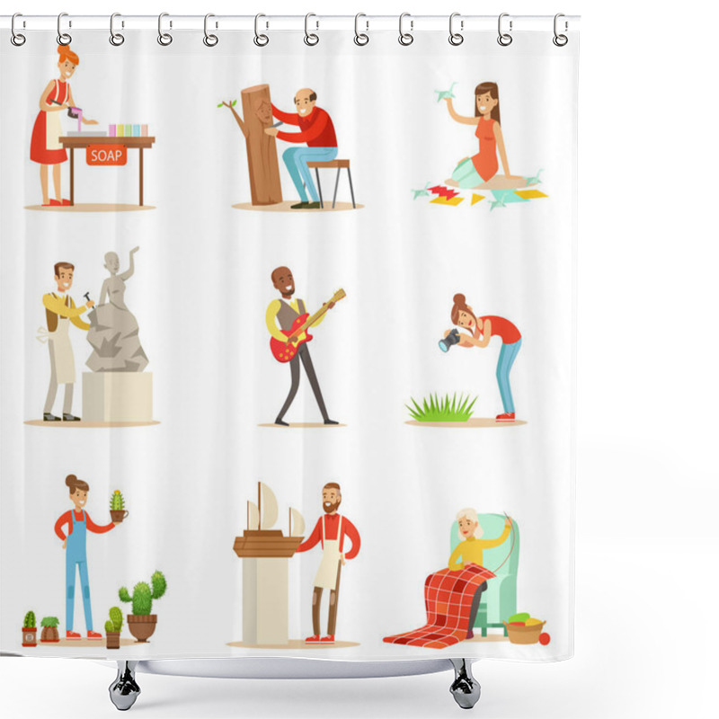 Personality  Adult People And Their Creative And Artistic Hobbies Series Of Cartoon Characters Doing Their Favorite Things Shower Curtains