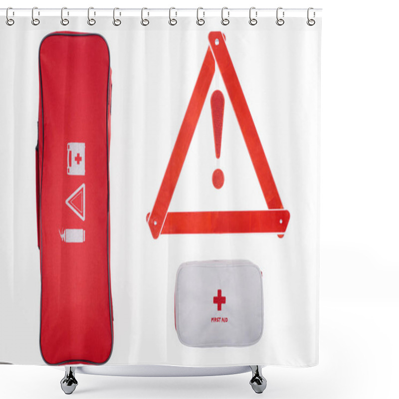 Personality  Flat Lay With Automotive Handbag, First Aid Kit And Warning Triangle Isolated On White Shower Curtains