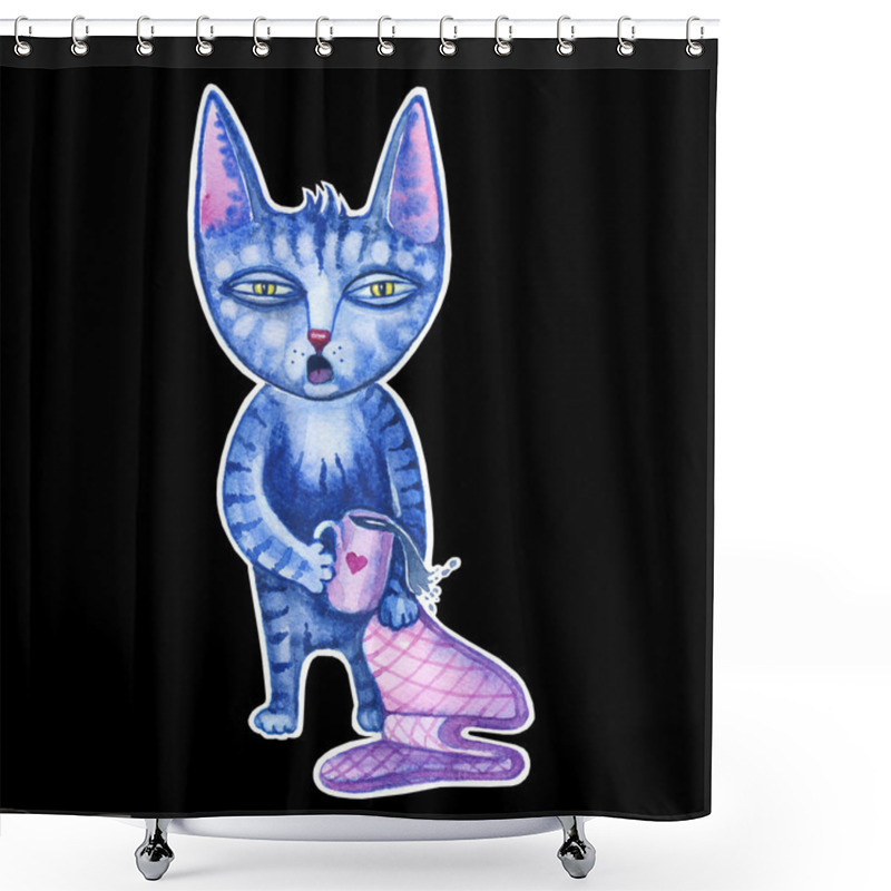 Personality  Sleepy Cute Cartoon Cat Early In The Morning With Cup Of Coffee  Shower Curtains