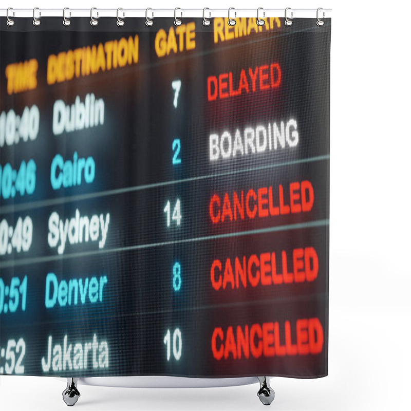 Personality  Airport Arrival And Departure Flight Board. Flight Board With Cancelled Or Delayed Flights. Device Screen, Airport Terminal, Information Medium, Tourism, Arrival, Departure And Travel. Shower Curtains