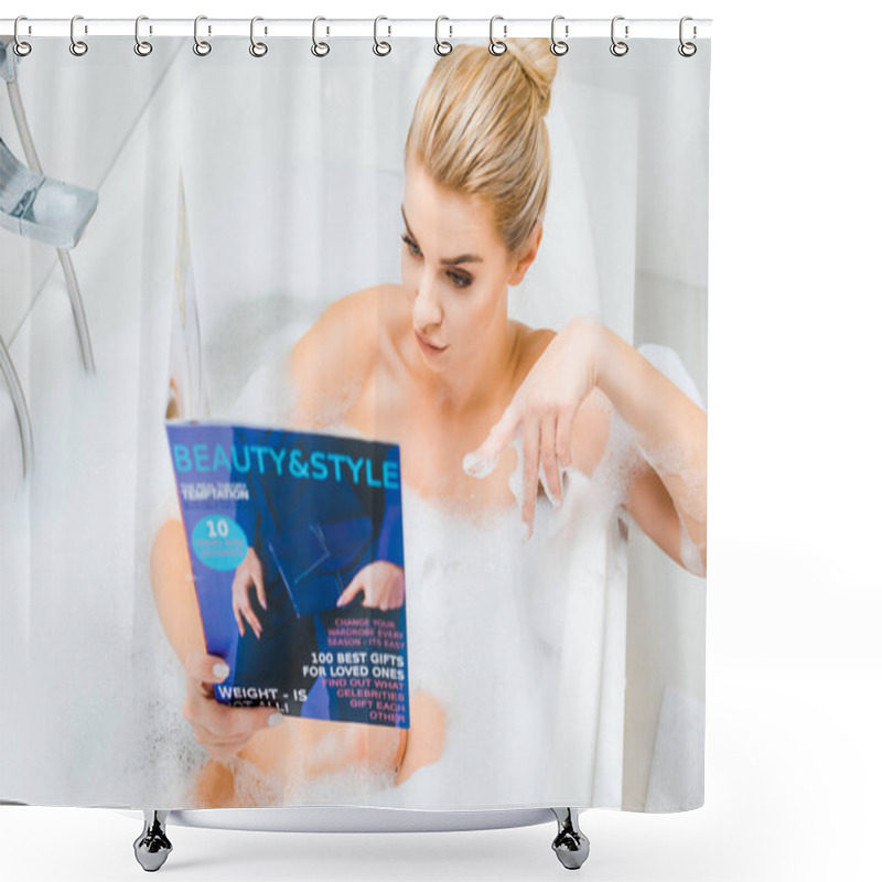 Personality  Selective Focus Of Attractive And Blonde Woman Taking Bath With Foam And Pointing With Finger At Beauty And Style Magazine  Shower Curtains