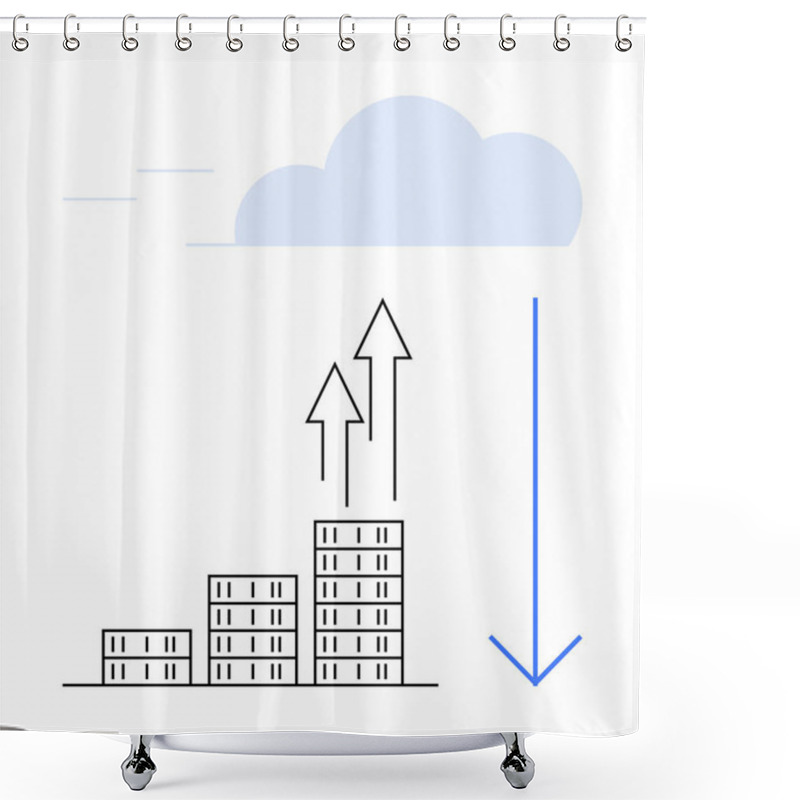 Personality  Cloud Above Skyscrapers With Upward Arrows Indicating Growth, Large Downward Arrow For Data Download. Ideal For Cloud Services, Storage, Technology, Finance, Analytics, Growth, Abstract Line Flat Shower Curtains