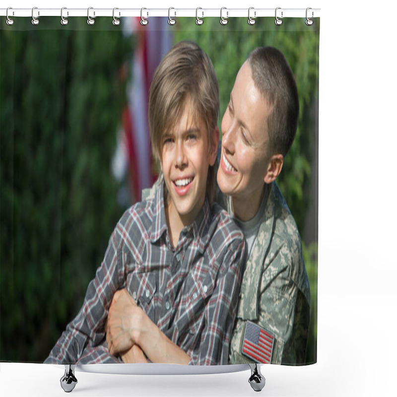 Personality  Happy Reunion Of Female Mother Soldier With Family Son Outdoors Shower Curtains