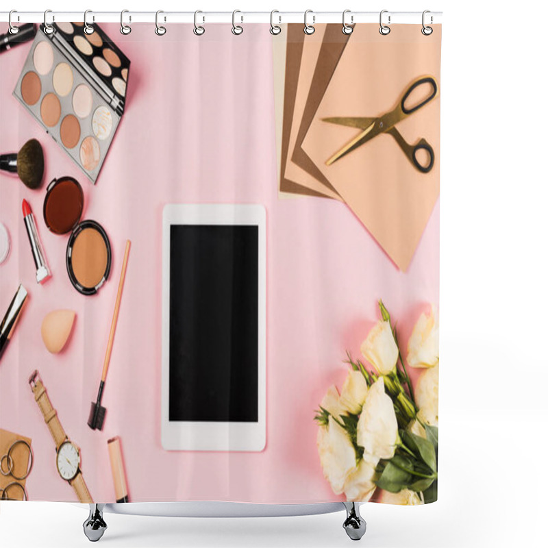 Personality  Top View Of Digital Tablet With Blank Screen, Flowers And Decorative Cosmetic On Pink Shower Curtains