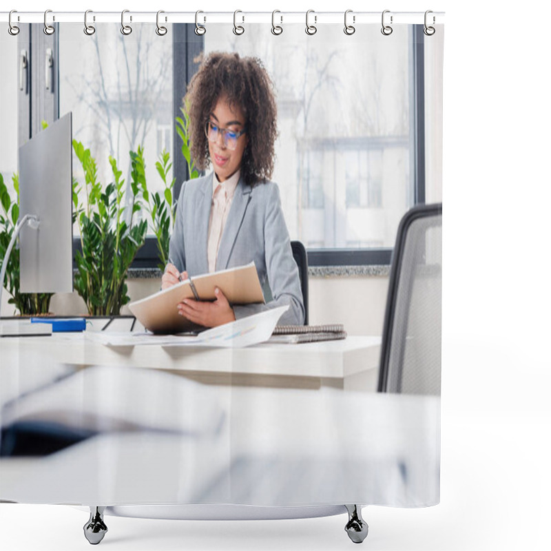 Personality  African American Businesswoman In Glasses At Her Workplace Shower Curtains