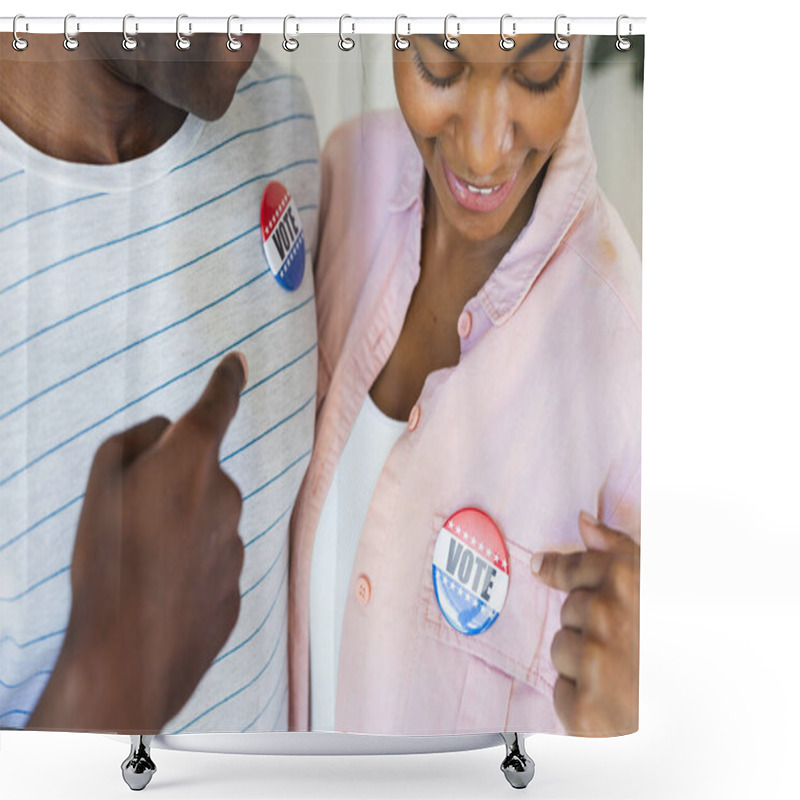 Personality  Biracial Woman And African American Man Show Their 'Vote' Badges. They Promote Civic Engagement And The Importance Of Voting In A Democratic Society. Shower Curtains