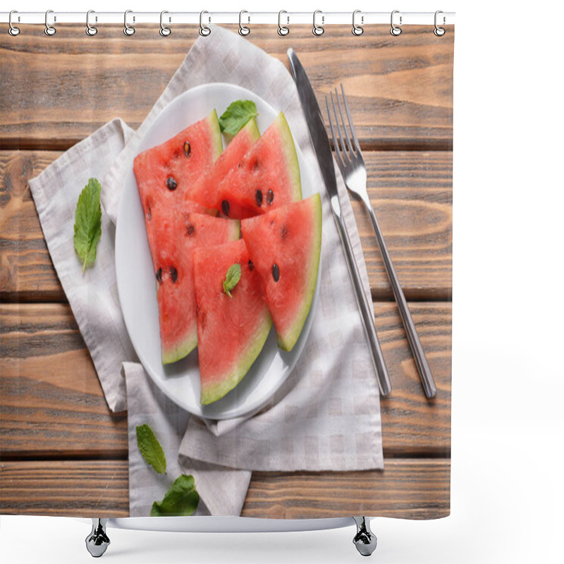 Personality  Plate With Sweet Watermelon Slices On Wooden Table Shower Curtains