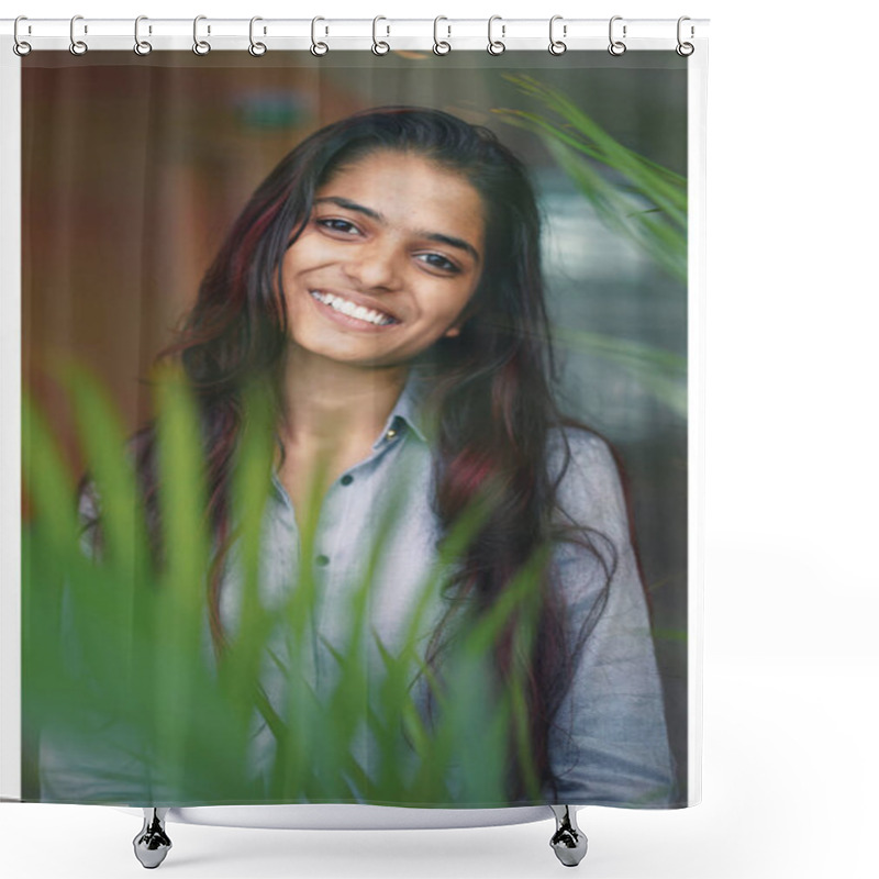 Personality  A Young Indian Woman Near Plants In The Background. She's Young, Attractive And Smiling In A Candid, Natural Way. She Is Wearing A Blue Shirt  Shower Curtains