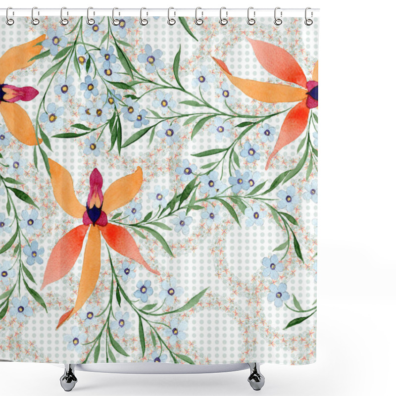 Personality  Blue And Orange Flowers. Watercolour Drawing Of Background With Orchids And Forget Me Nots. Shower Curtains