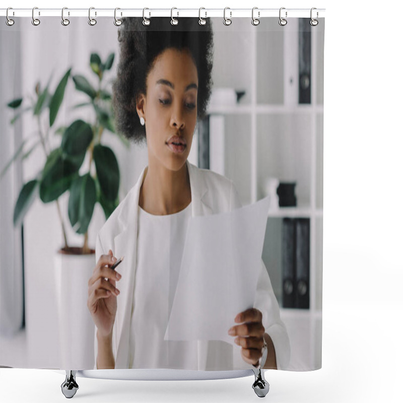 Personality  Attractive African American Businesswoman Reading Documents In Office Shower Curtains