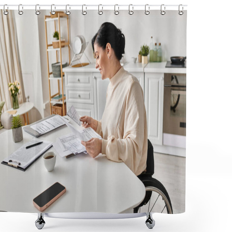 Personality  A Disabled Woman In A Wheelchair, Engrossed In Reading A Paper While Sitting At A Table In Her Kitchen. Shower Curtains