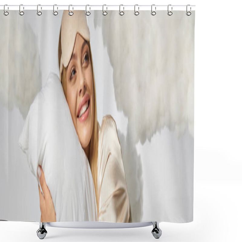 Personality  A Blonde Woman In Cozy Pyjamas Holds A Pillow Amidst Clouds. Shower Curtains