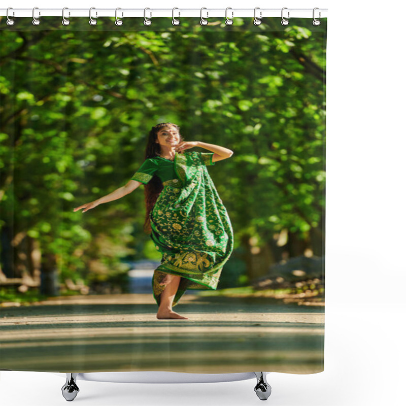 Personality  Cheerful Young Indian Woman In Sari Dancing On Road With Green Trees On Background Shower Curtains