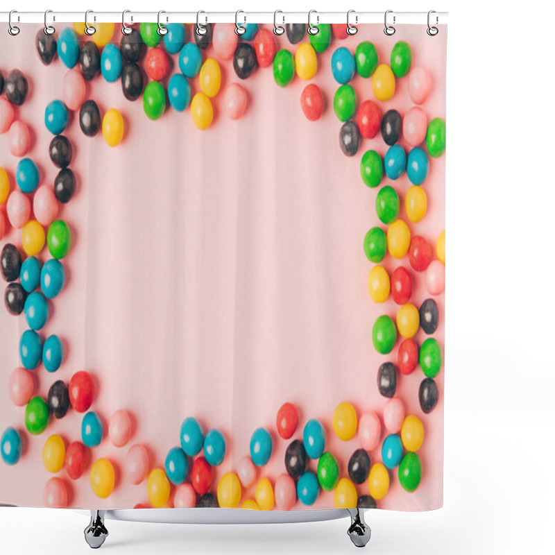 Personality  Top View Of Arranged Candies Isolated On Pink Shower Curtains