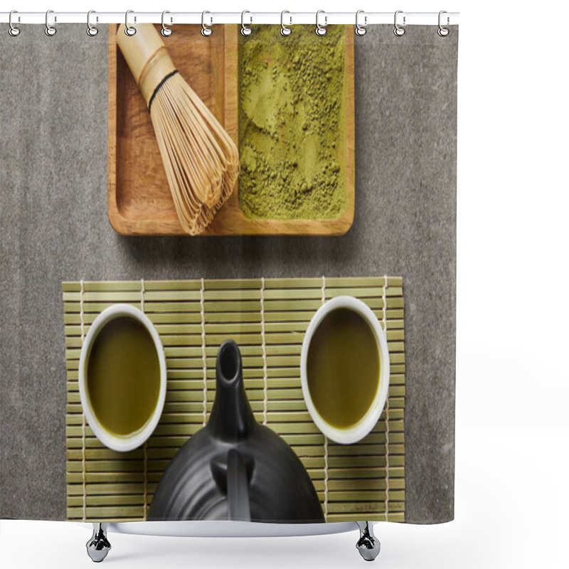 Personality  Top View Of White Cups With Tea And Black Teapot On Green Table Mat Near Bamboo Whisk And Matcha Powder On Board Shower Curtains