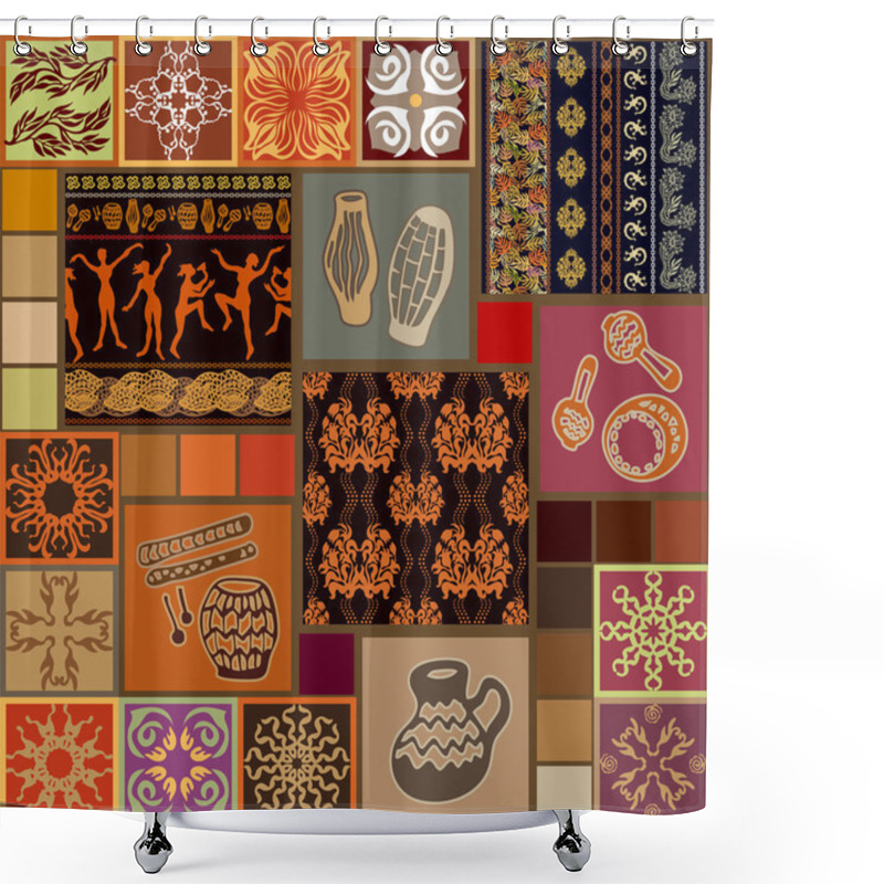 Personality  Set Of Ceramic Tiles With Drawings Inspired By Aboriginal Art.  Shower Curtains