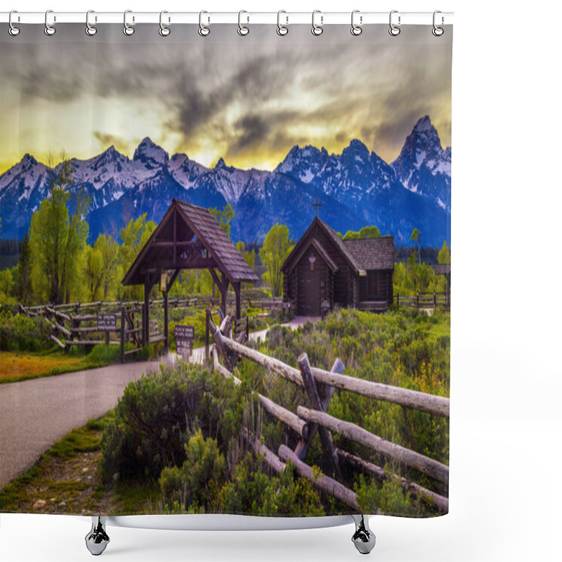 Personality  Chapel Of The Transfiguration In Grand Teton National Park, Wyoming, With Snowcapped Teton Mountain Range In The Background. Long Exposure. Shower Curtains