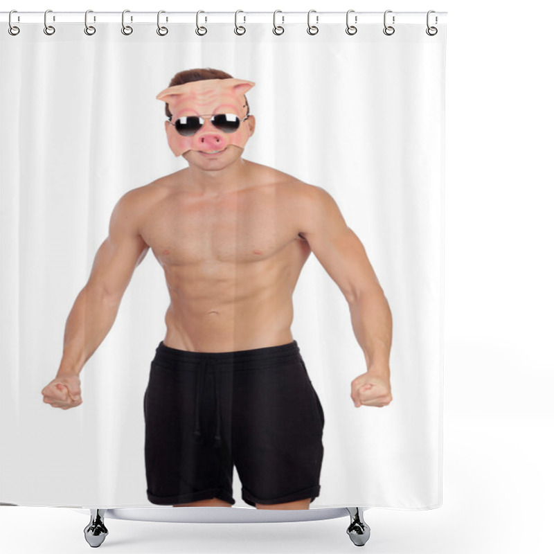 Personality  Muscular Man With A Pig Mask Shower Curtains