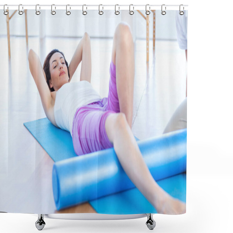 Personality  Trainer Working With Woman On Exercise Mat  Shower Curtains