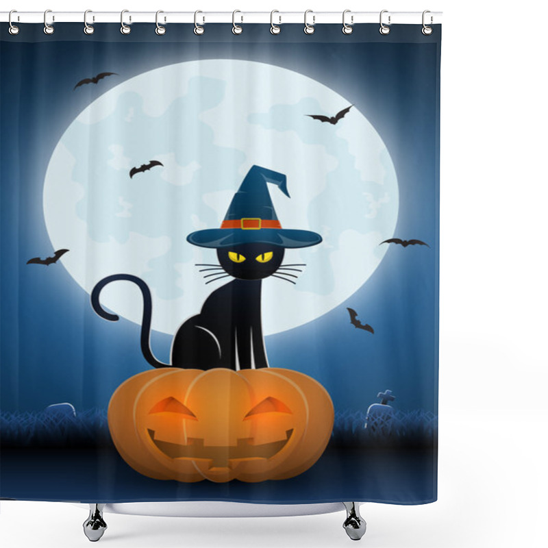 Personality  Black Cat Wearing Witches Hat Sit On Pumpkin Head Shower Curtains