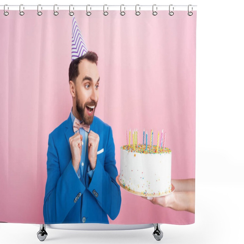 Personality  Cropped View Of Businesswoman Holding Birthday Cake Near Happy Businessman Isolated On Pink  Shower Curtains