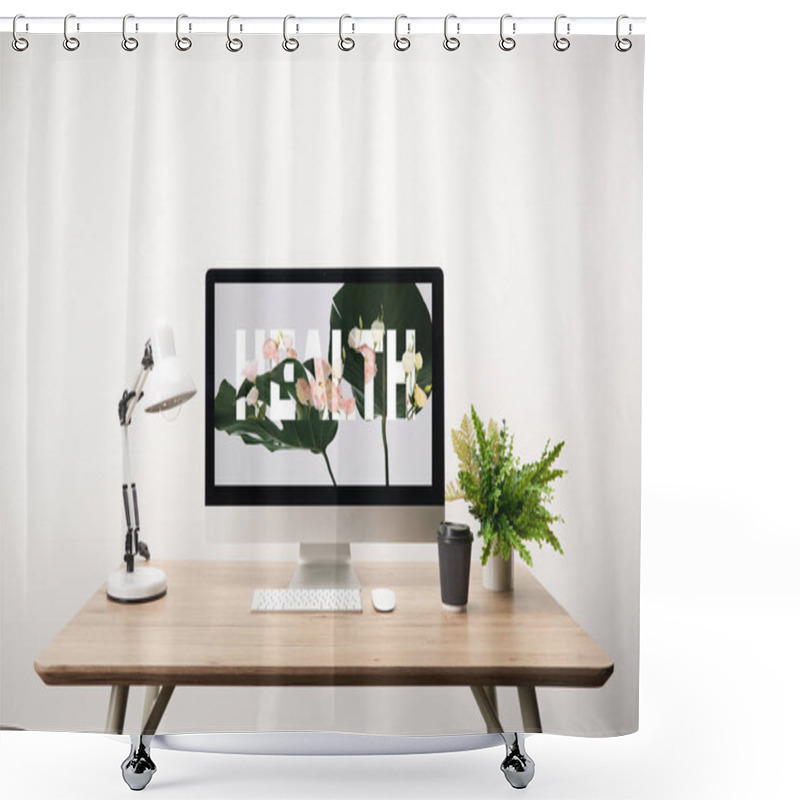 Personality  Computer With Green Leaves And Health Lettering On Monitor On Wooden Desk Shower Curtains