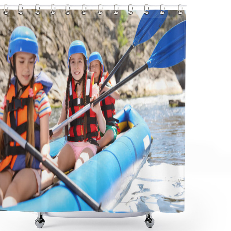 Personality  Little Children Kayaking On River. Summer Camp Shower Curtains