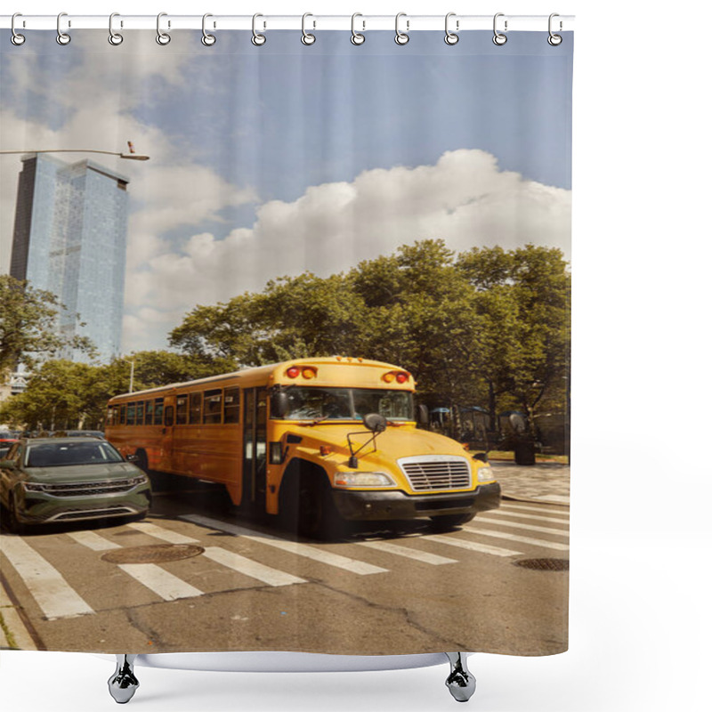 Personality  Yellow School Bus And Cars On Crosswalk Near Trees With Fall Foliage Along Roadway In New York City Shower Curtains