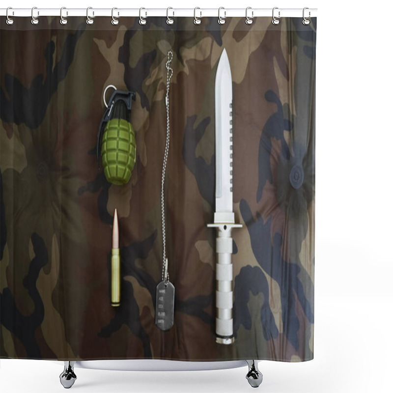 Personality  Knife, Bullet, Pineapple And Army Token On The Background Of Camouflage. Stainless Steel. Khaki Backdrop.  Shower Curtains