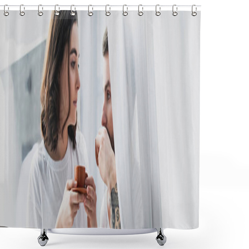 Personality  Beautiful Young Couple Drinking Coffee In Morning And Looking At Each Other Shower Curtains