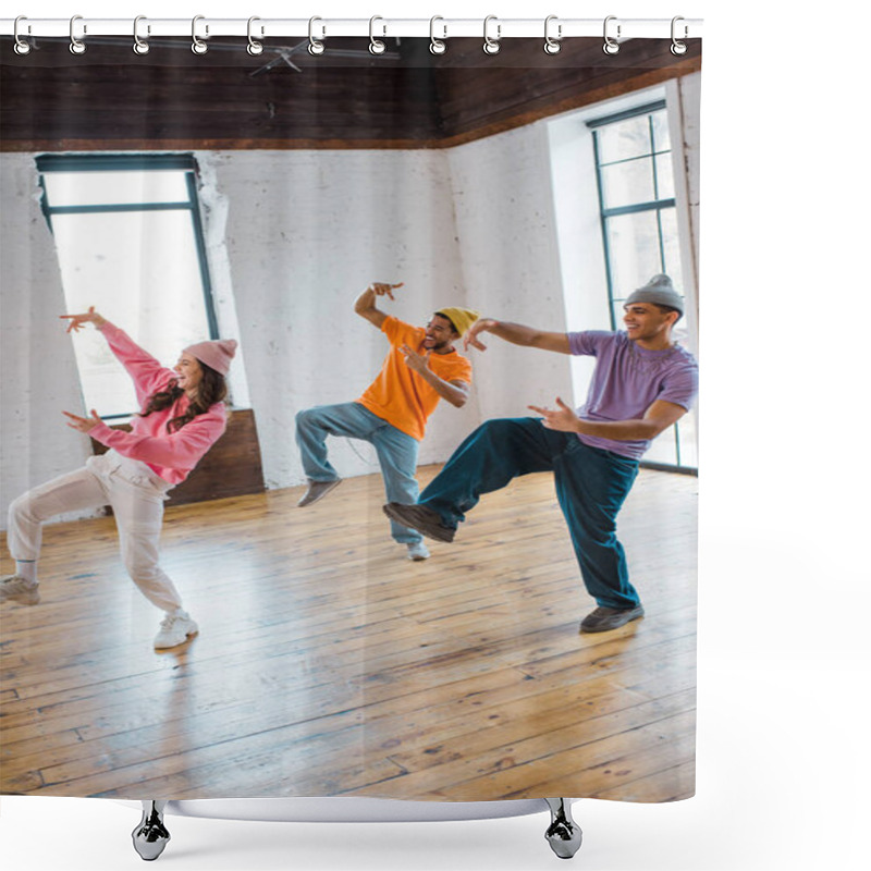 Personality  Attractive Girl Breakdancing And Gesturing With Stylish Multicultural Men In Hats  Shower Curtains